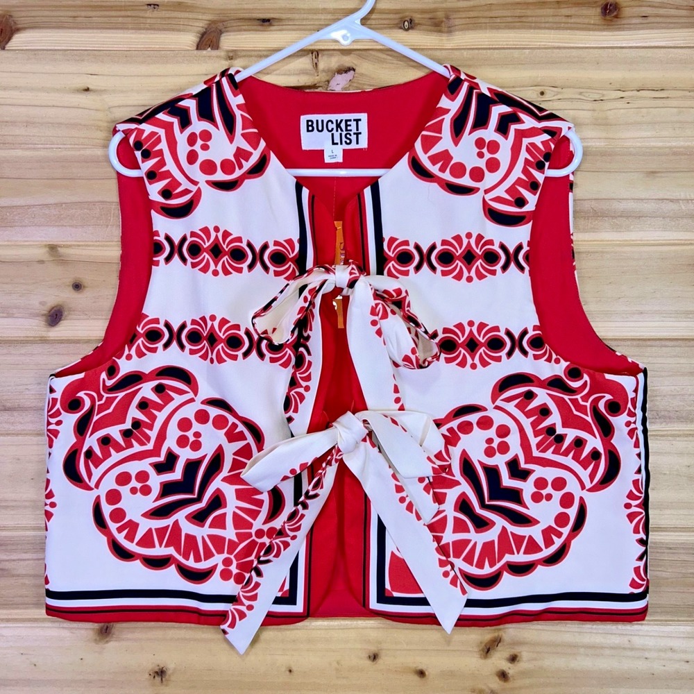 NEW Bucket List Vest Womens Large Red and Cream Floral Open Tie Front Vest
